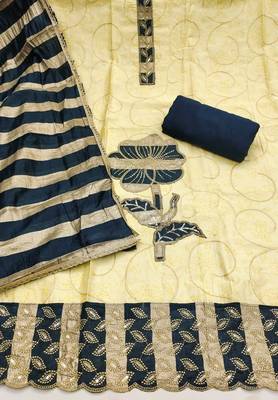 Yellow cotton embroidered unstitched dress material. 3