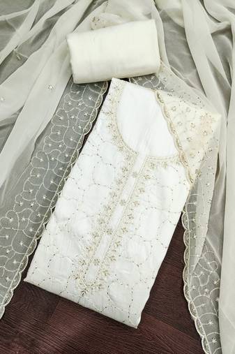 White cotton embroidered unstitched dress material.