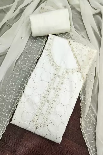 White cotton embroidered unstitched dress material.