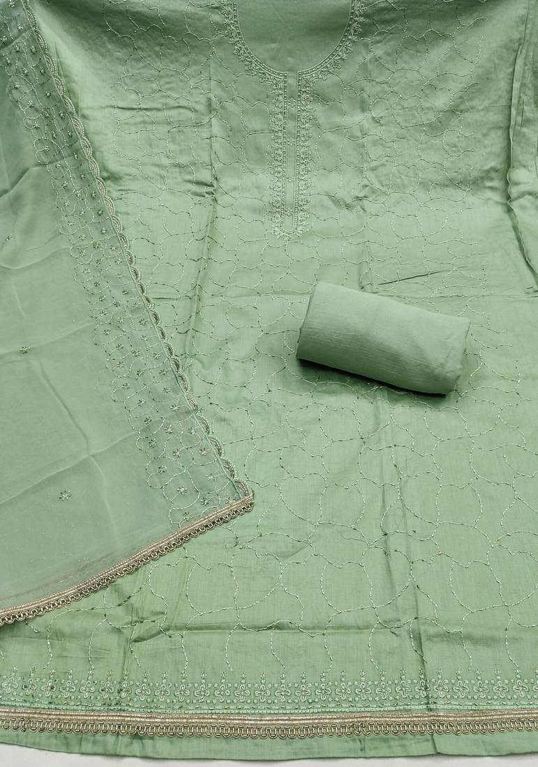 Sea green cotton embroidered unstitched dress material.