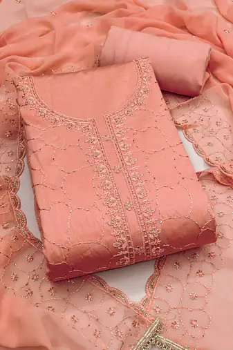 Peach cotton embroidered unstitched dress material.
