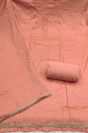 Peach cotton embroidered unstitched dress material.