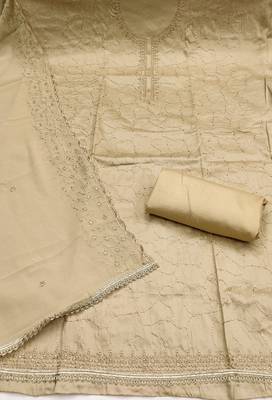 beige cotton embroidered unstitched dress material. 3