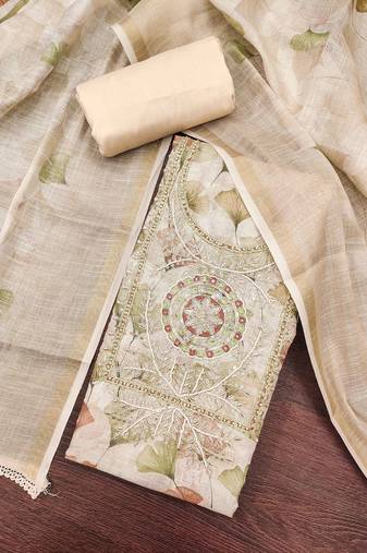 Beige linen cotton printed unstitched dress material.