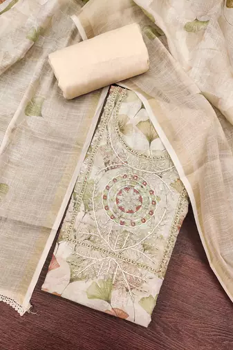 Beige linen cotton printed unstitched dress material.
