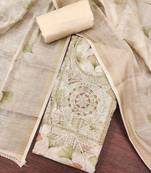 Beige linen cotton printed unstitched dress material.