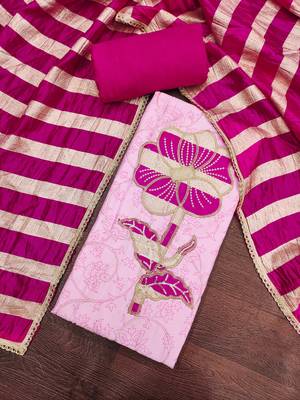 Pink cotton embroidered unstitched dress material. 1