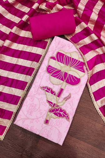 Pink cotton embroidered unstitched dress material.
