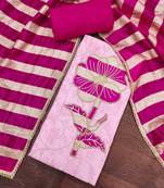 Pink cotton embroidered unstitched dress material.