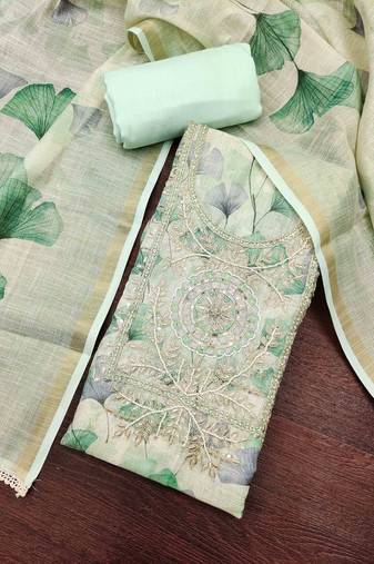 Mint linen cotton printed unstitched dress material.