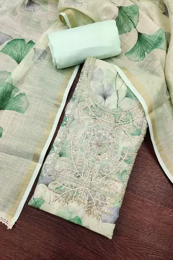Mint linen cotton printed unstitched dress material.