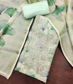 Mint linen cotton printed unstitched dress material.