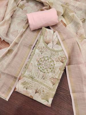 Pink linen cotton printed unstitched dress material. 1