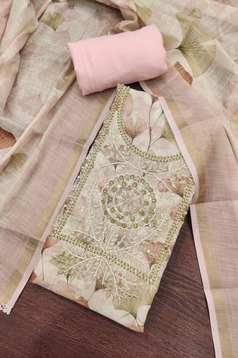 Pink linen cotton printed unstitched dress material.