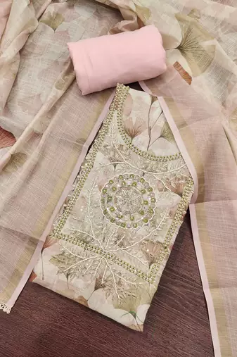 Pink linen cotton printed unstitched dress material.