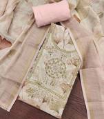 Pink linen cotton printed unstitched dress material.