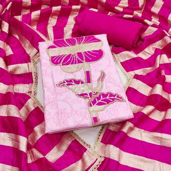 Pink cotton embroidered unstitched dress material. 2