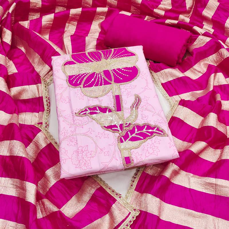 Pink cotton embroidered unstitched dress material.