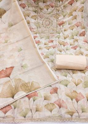 Beige linen cotton printed unstitched dress material. 3