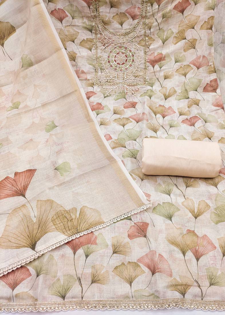 Beige linen cotton printed unstitched dress material.