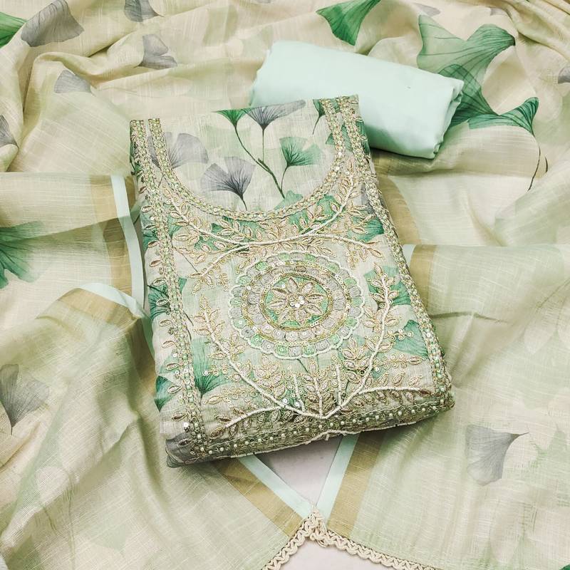 Mint linen cotton printed unstitched dress material.