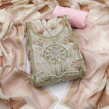 Pink linen cotton printed unstitched dress material. 2