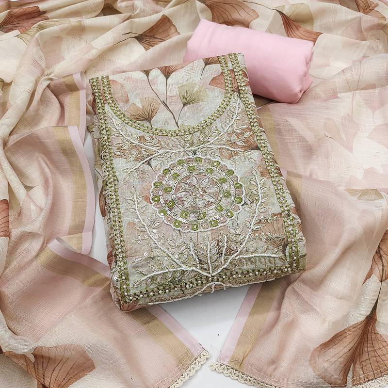 Pink linen cotton printed unstitched dress material.