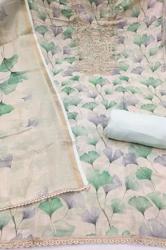 Mint linen cotton printed unstitched dress material.