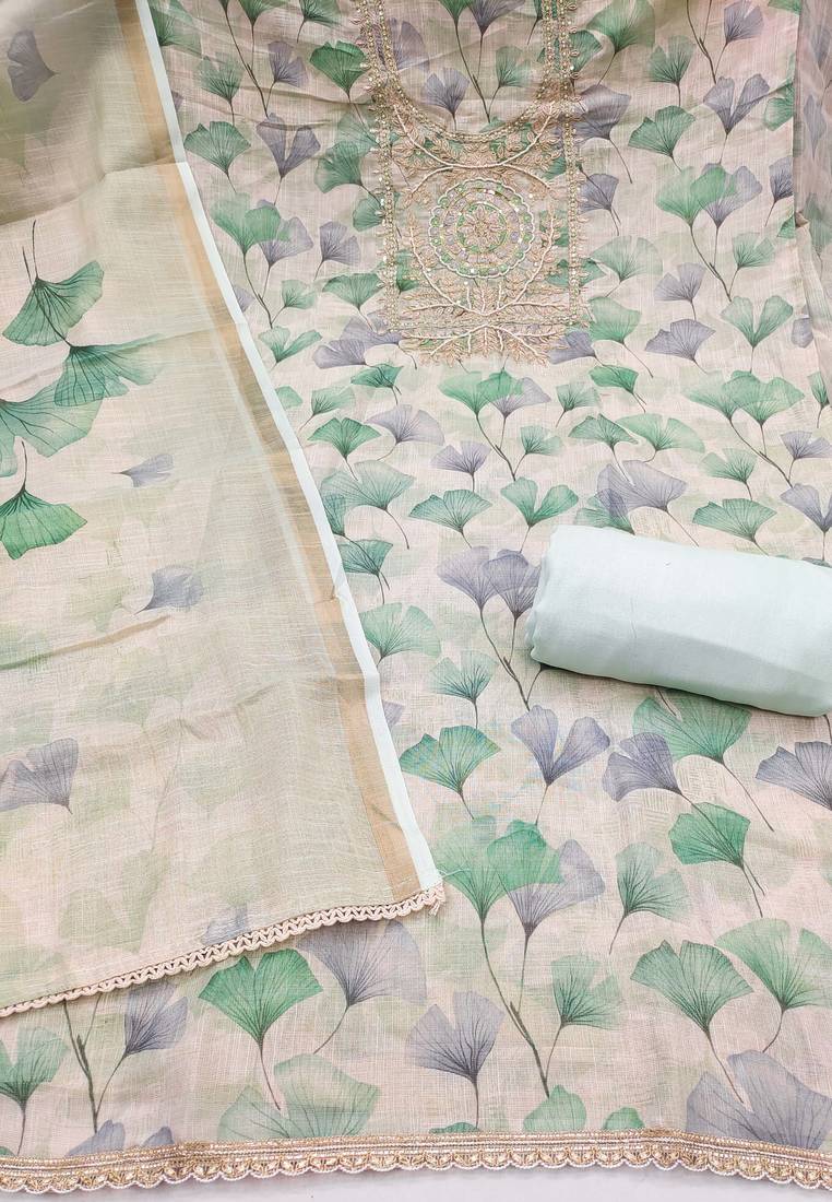 Mint linen cotton printed unstitched dress material.