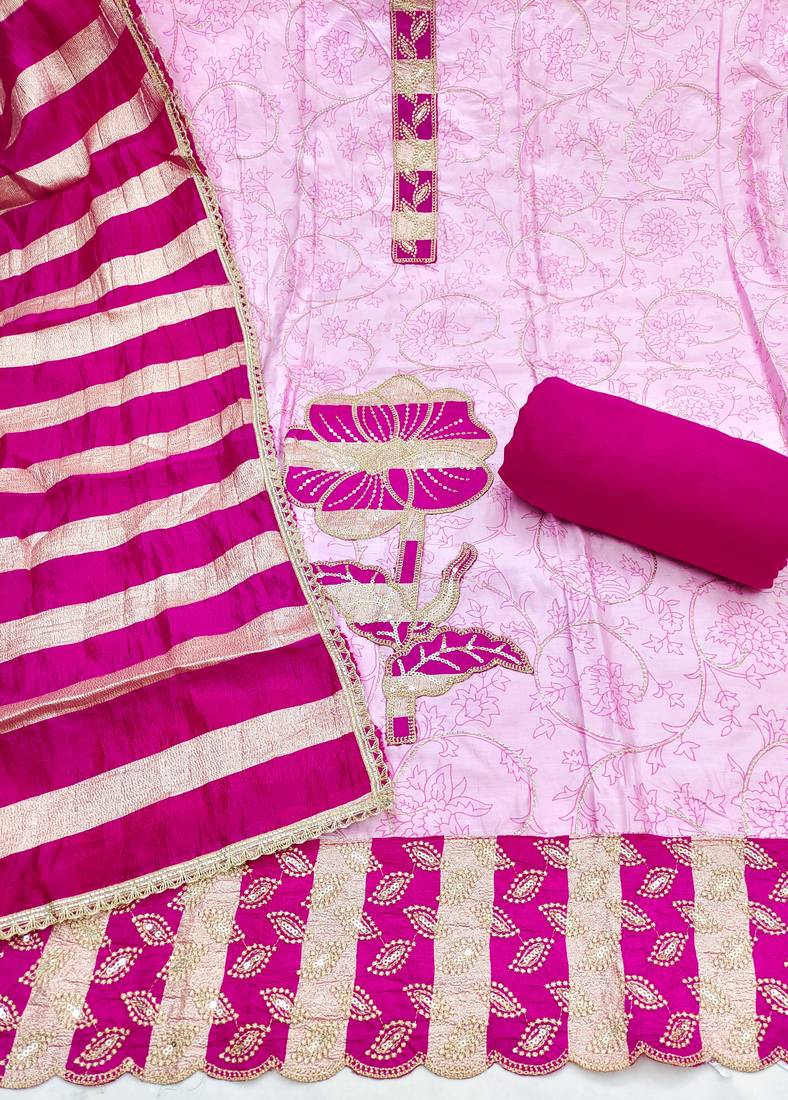 Pink cotton embroidered unstitched dress material.