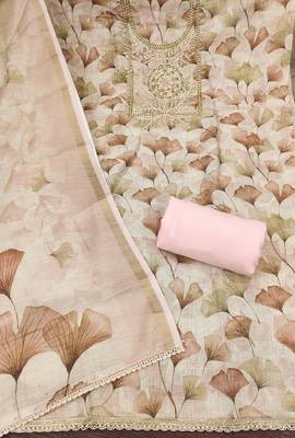Pink linen cotton printed unstitched dress material. 3