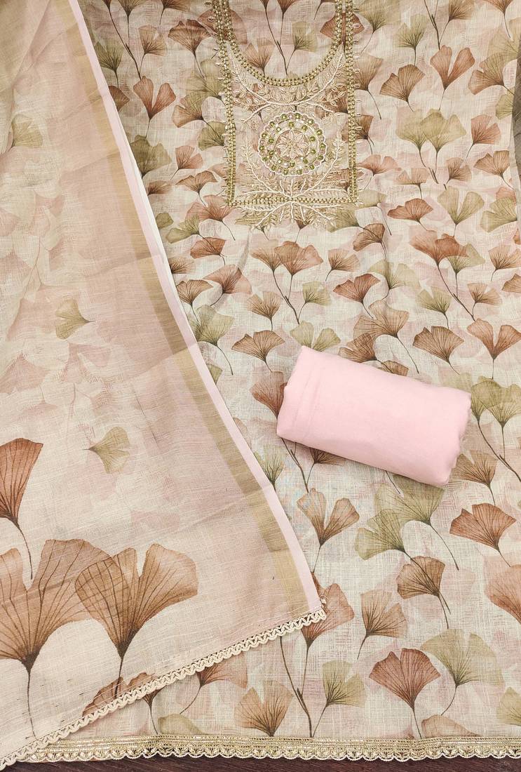 Pink linen cotton printed unstitched dress material.