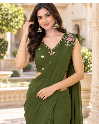 Women   s Georgette Embroidered  Patch Ready to Wear Saree with Designer Stitched Embroidered Sleeveless Blouse 2
