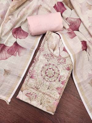 Peach linen cotton printed unstitched dress material. 1