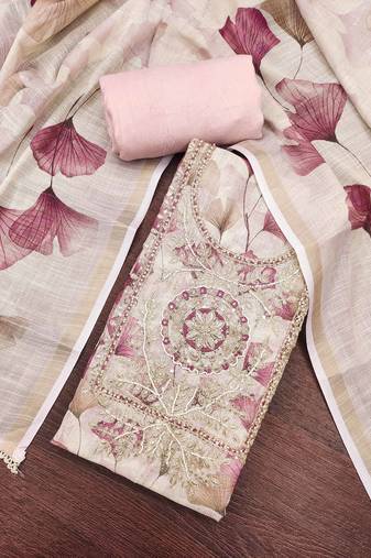 Peach linen cotton printed unstitched dress material.