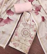 Peach linen cotton printed unstitched dress material.