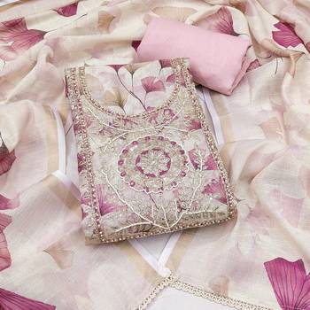 Peach linen cotton printed unstitched dress material. 2