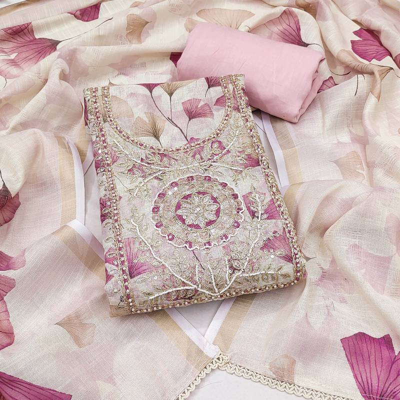 Peach linen cotton printed unstitched dress material.