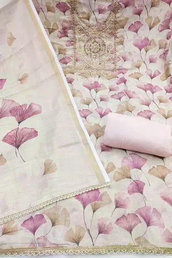 Peach linen cotton printed unstitched dress material.