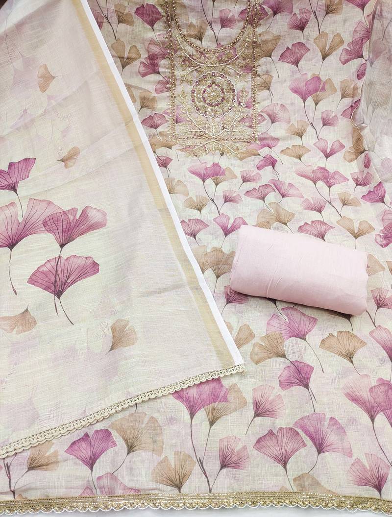 Peach linen cotton printed unstitched dress material.