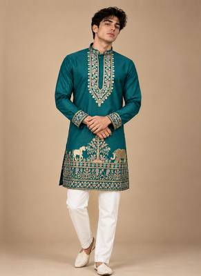 Man's rama green zari sequence thread embroidery work kurta set 1