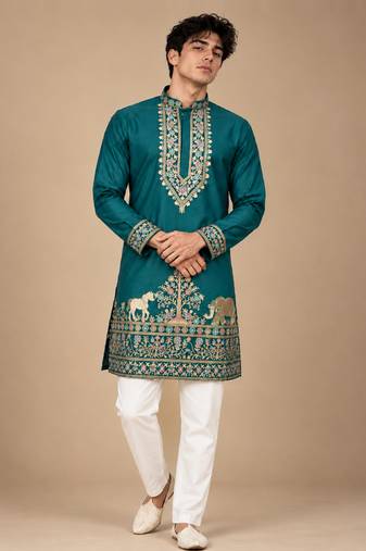 Man's rama green zari sequence thread embroidery work kurta set