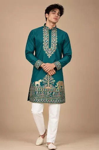 Man's rama green zari sequence thread embroidery work kurta set