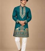 Man's rama green zari sequence thread embroidery work kurta set