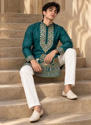 Man's rama green zari sequence thread embroidery work kurta set 2