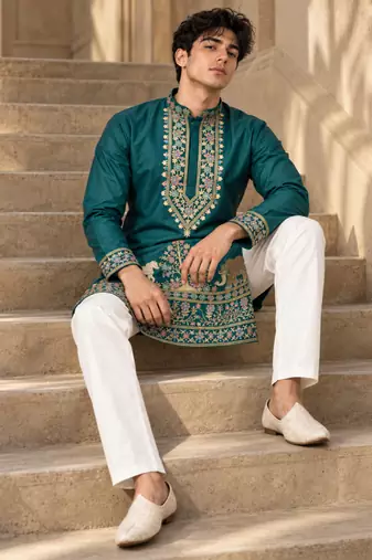 Man's rama green zari sequence thread embroidery work kurta set
