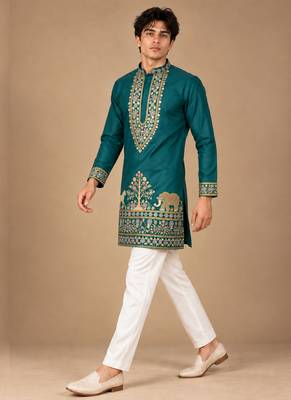 Man's rama green zari sequence thread embroidery work kurta set 3