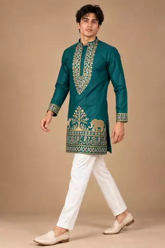 Man's rama green zari sequence thread embroidery work kurta set