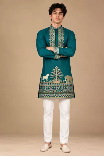 Man's rama green zari sequence thread embroidery work kurta set