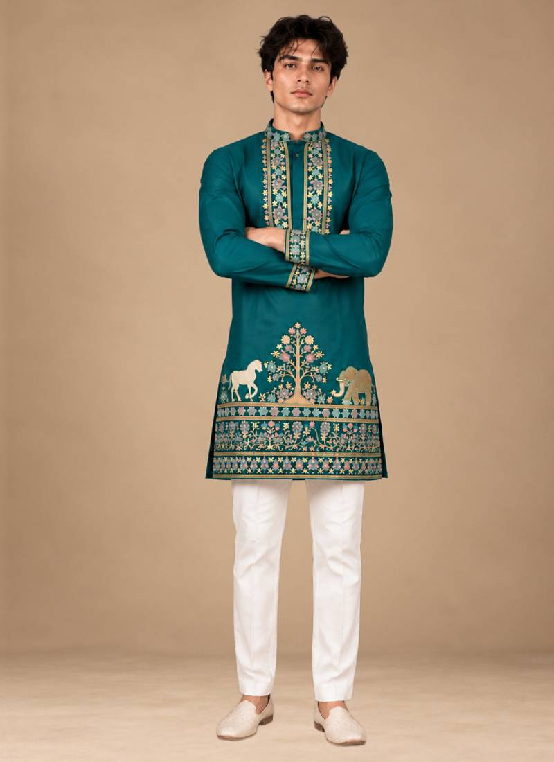 Man's rama green zari sequence thread embroidery work kurta set
